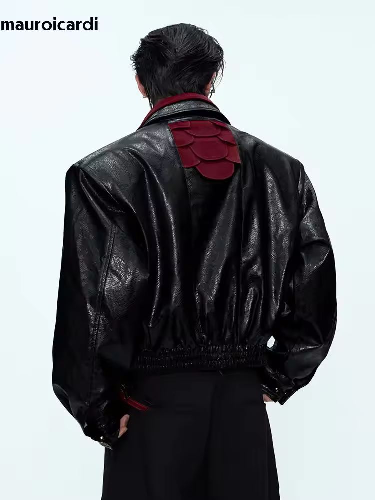 Streetwear Brand Clothing - มาโรอิการ์ดี แจ็คเก็ตหนัง PU ลายงูแบบสั้นสำหรับฤดูใบไม้ผลิและฤดูใบไม้ร่วง แบรนด์หรูสำหรับผู้ชาย เสื้อผ้าสตรีทแวร์สไตล์